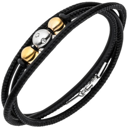 Nappa-Lederarmband schwarz mit Edelstahl-Kugeln und Zirkonia weiß