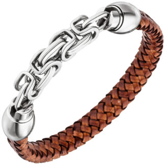 Armband Leder braun geflochten und Edelstahl