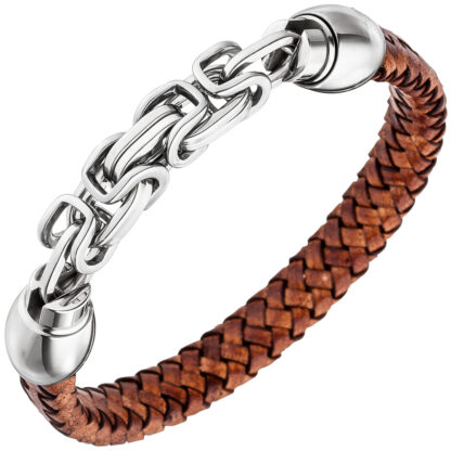 Armband Leder braun geflochten und Edelstahl