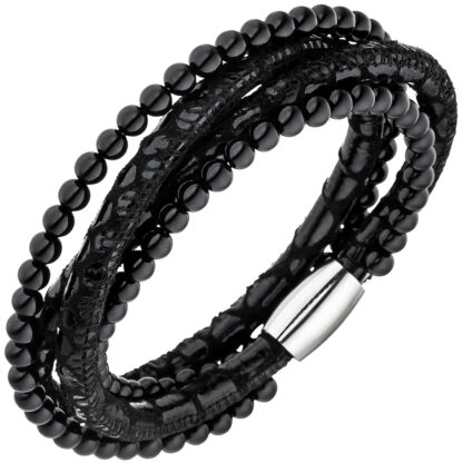 Lederarmband mit Onyx schwarz und Edelstahl
