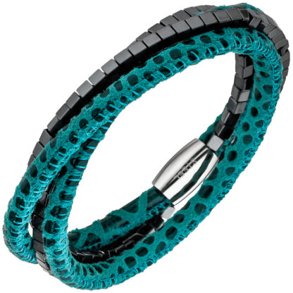 Lederarmband türkisfarben mit Hämatit und Edelstahl