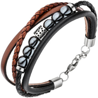 Armband Leder braun/schwarz mit Edelstahl und Hämatit