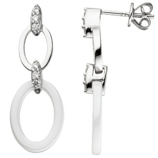Ohrstecker oval 925 Silber mit Zirkonia und Keramik weiß