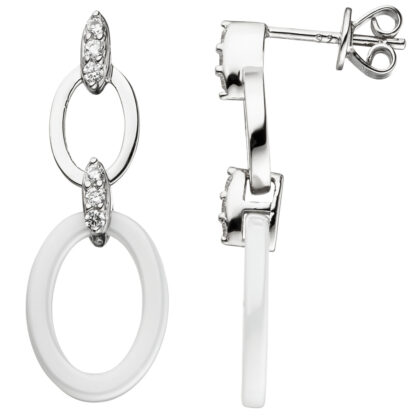 Ohrstecker oval 925 Silber mit Zirkonia und Keramik weiß