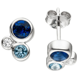 Ohrstecker "Trilogie" 925 Silber mit Zirkonia dunkelblau, hellblau und weiß