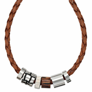 Collier Leder braun geflochten mit Edelstahl und Holzelement