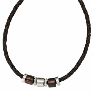Collier Leder schwarz geflochten mit Holz und Edelstahl