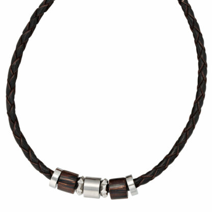 Collier Leder schwarz geflochten mit Holz und Edelstahl