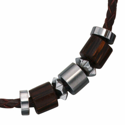 Collier Leder schwarz geflochten mit Holz und Edelstahl – Bild 2