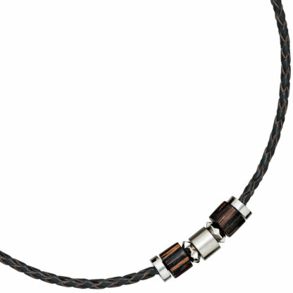 Collier Leder schwarz geflochten mit Holz und Edelstahl – Bild 4
