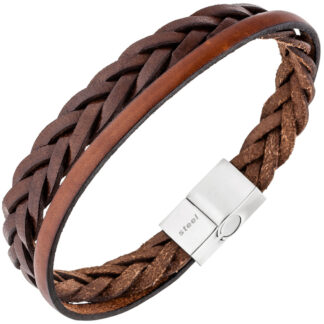 Armband Leder braun zweireihig mit Edelstahl