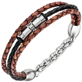 Armband 3-reihig Leder braun/schwarz geflochten mit Edelstahl