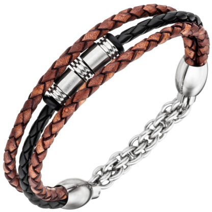 Armband 3-reihig Leder braun/schwarz geflochten mit Edelstahl