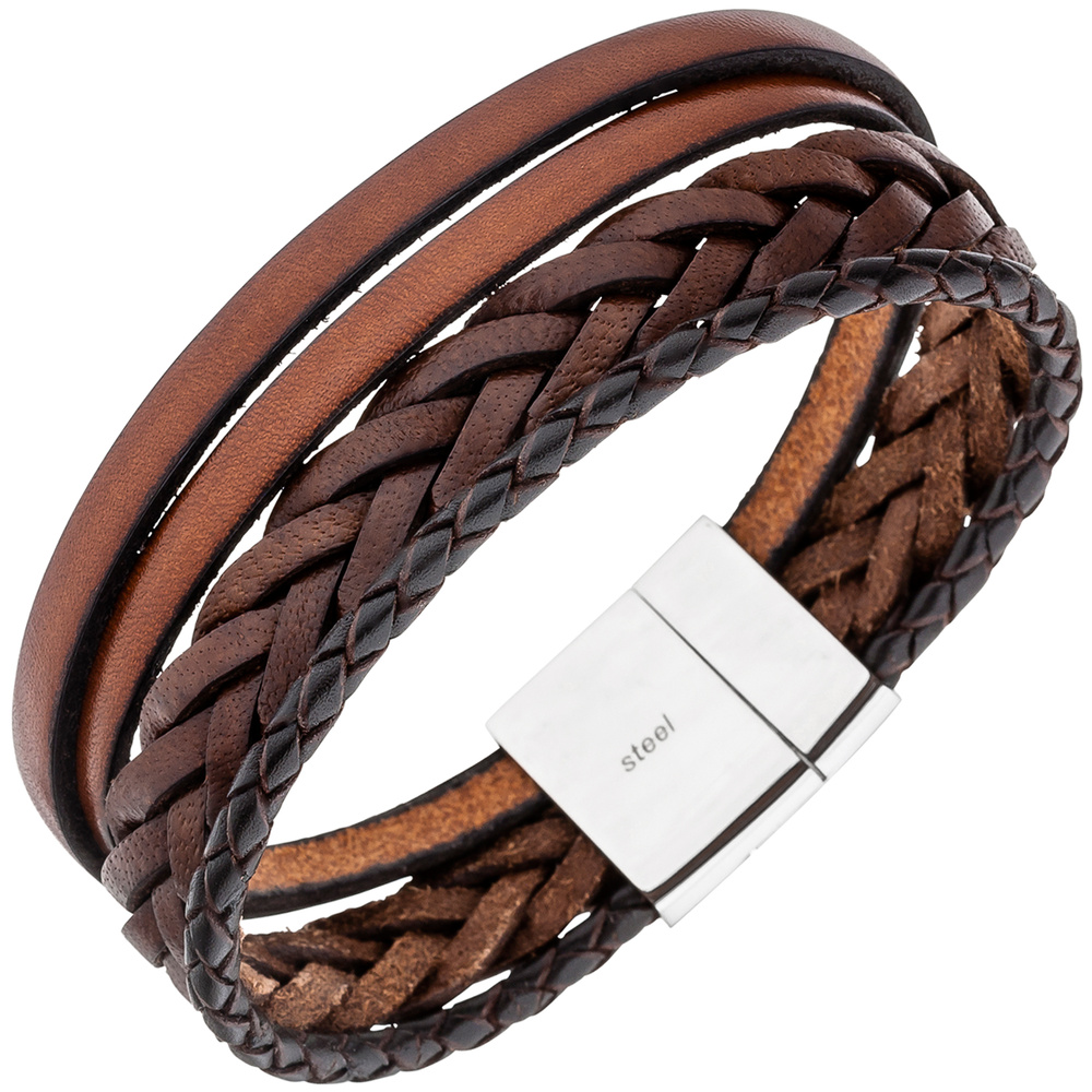 Armband Leder geflochten braun mit Edelstahl - Marinas Schmuckwelt