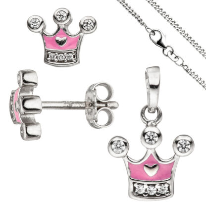 Kinder-Set "Krone" rosa 925 Silber mit Zirkonia und Kette 38 cm