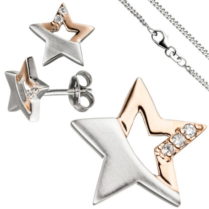 Kinder Set "Stern" 925 Silber/teilrotvergoldet mit Zirkonia und Kette 42 cm