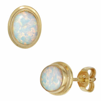 Ohrstecker oval 333 Gelbgold mit Opalen (synth.)