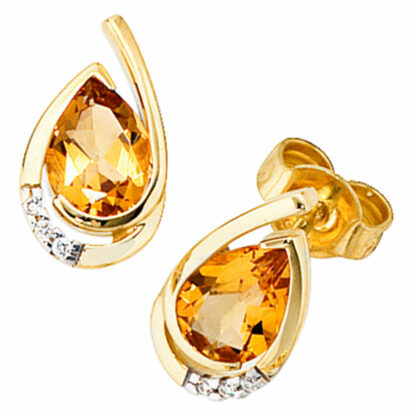 Ohrstecker "Tropfen" 585 Gelbgold mit Citrinen und Brillanten