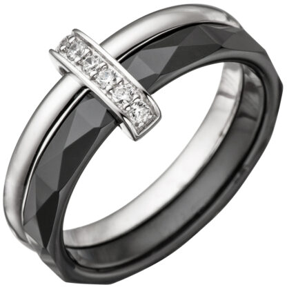 Ring 2-reihig 925 Silber/Keramik schwarz und Zirkonia weiß