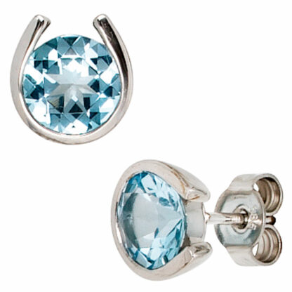 Ohrstecker 585 Weißgold mit 2 Blautopasen halbrund