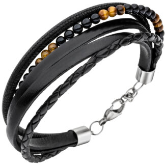 Armband Nappa-Leder schwarz mit Onyx und Tigerauge Edelstahl