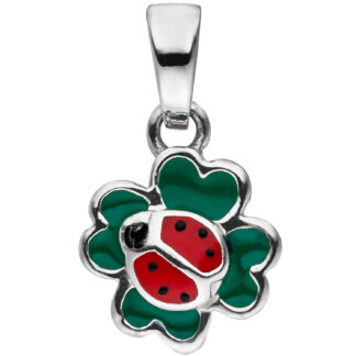 Kinder Anhänger "Marienkäfer auf Kleeblatt" 925 Silber grün, rot, schwarz