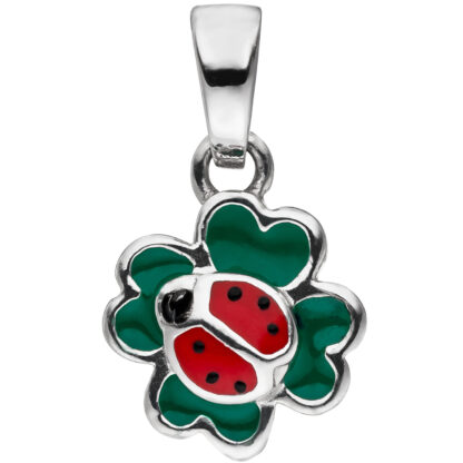 Kinder Anhänger "Marienkäfer auf Kleeblatt" 925 Silber grün, rot, schwarz