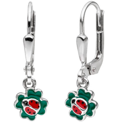 Kinder Boutons "Marienkäfer auf Kleeblatt" 925 Silber grün, rot, schwarz