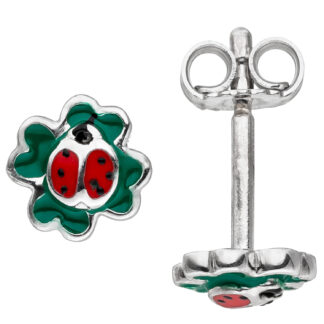 Kinder Ohrstecker "Marienkäfer auf Kleeblatt" 925 Silber grün, rot, schwarz