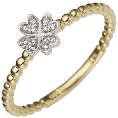 Ring "Kleeblatt" 585 Gelb-/Weißgold mit Brillanten Kügelchen-Design