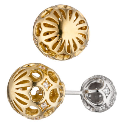 Kugel-Ohrstecker "Doubleface" 925 Silber/teilvergoldet mit Zirkonia weiß – Bild 2