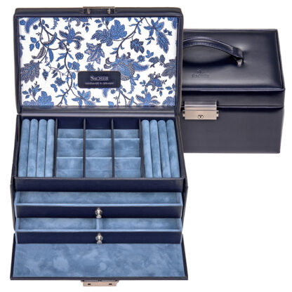 Sacher Schmuckkoffer "Florage" Leder dunkelblau mit Blumen-Dekor