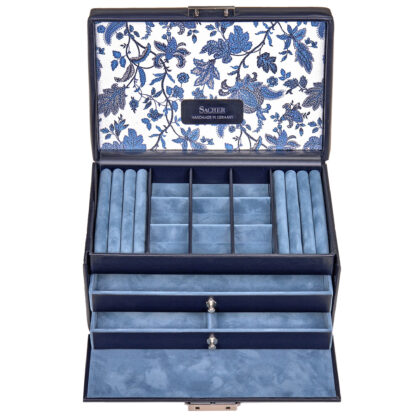 Sacher Schmuckkoffer "Florage" Leder dunkelblau mit Blumen-Dekor – Bild 2