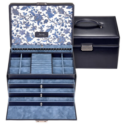 Sacher Schmuckkoffer "Florage" Leder blau mit Blumen-Dekor und Schloss
