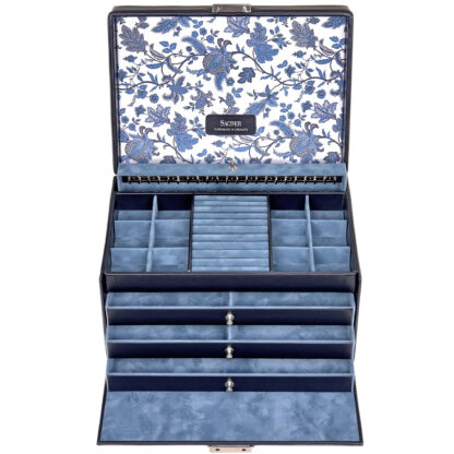 Sacher Schmuckkoffer "Florage" Leder blau mit Blumen-Dekor und Schloss – Bild 5