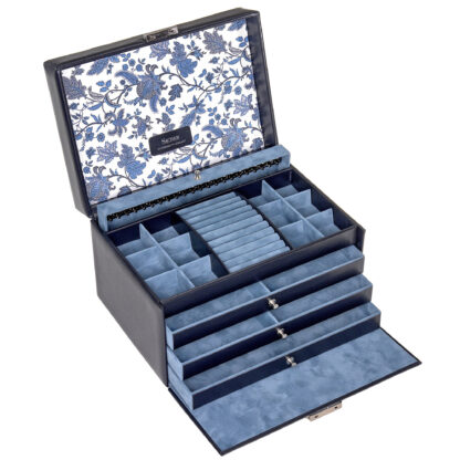 Sacher Schmuckkoffer "Florage" Leder blau mit Blumen-Dekor und Schloss – Bild 2