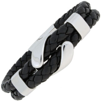 Leder-Armband 2-reihig geflochten schwarz mit Edelstahl