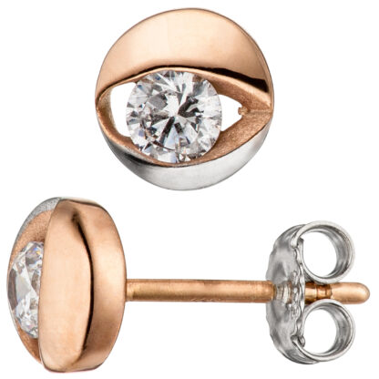 Ohrstecker 333 Rotgold bicolor mit Zirkonia weiß rund Optik