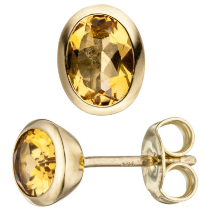 Ohrstecker oval 585 Gelbgold mit 2 Citrinen