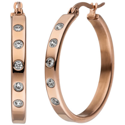 Creolen Edelstahl/PVD rotgoldfarben mit 10 Zirkonia weiß