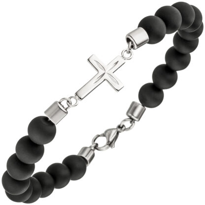 Herren Armband "Kreuz" Edelstahl mit Onyx schwarz matt