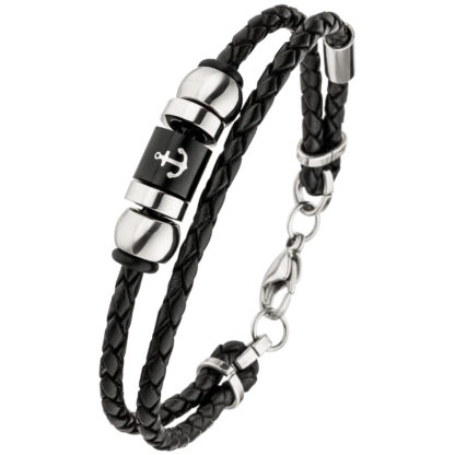 Armband "Anker" Leder schwarz geflochten 21 cm