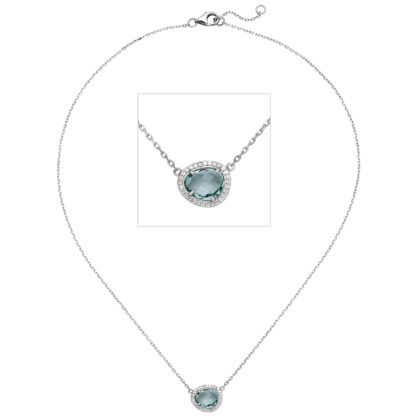 Collier/Ankerkette 925 Silber mit Glasstein hellblau und Zirkonia weiß