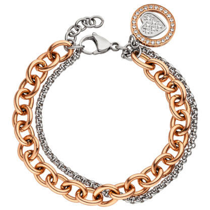 Armband 2-reihig Edelstahl/PVD rotgoldfarben mit Herz-Anhänger