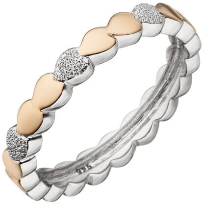 Ring "Herzen" 925 Silber mit Glitzereffekt und teilrotvergoldet