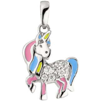 Kinder Anhänger "Einhorn" 925 Silber mit 7 Zirkonia und Lack bunt