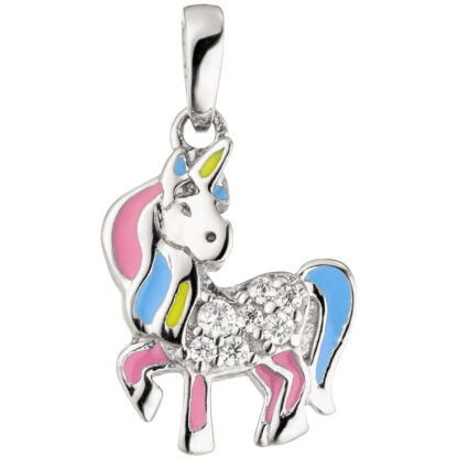 Kinder Anhänger "Einhorn" 925 Silber mit 7 Zirkonia und Lack bunt