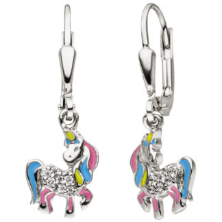 Kinder Boutons "Einhorn" 925 Silber mit 14 Zirkonia und Lack bunt