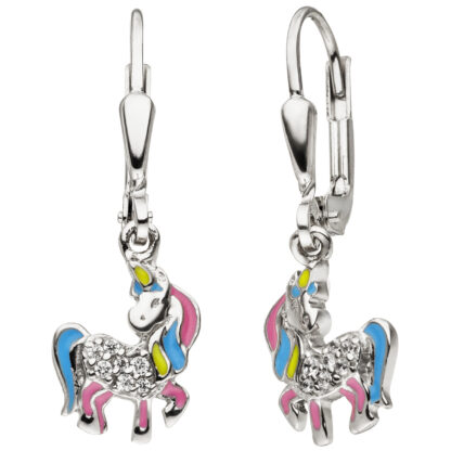 Kinder Boutons "Einhorn" 925 Silber mit 14 Zirkonia und Lack bunt