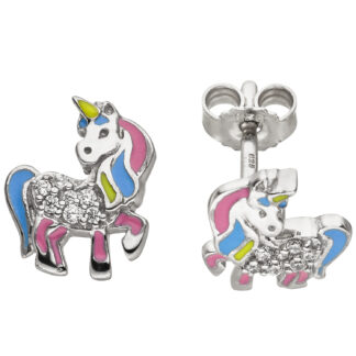Kinder Ohrstecker "Einhorn" 925 Silber mit 14 Zirkonia und Lack bunt